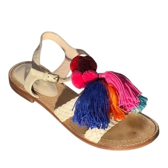 KATE SPADE New York Sunset Women's Sandals Beige Leather Woven Tassel Size 7M - Picture 1 of 16